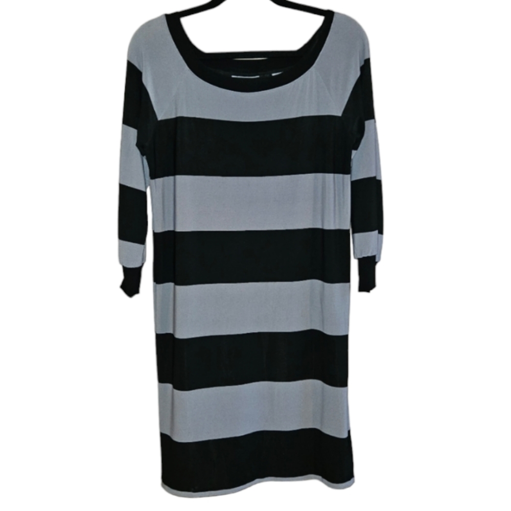 Y2K Norma Kamali Dress Black Grey Stripes Women's Size Medium Flattering Comfy